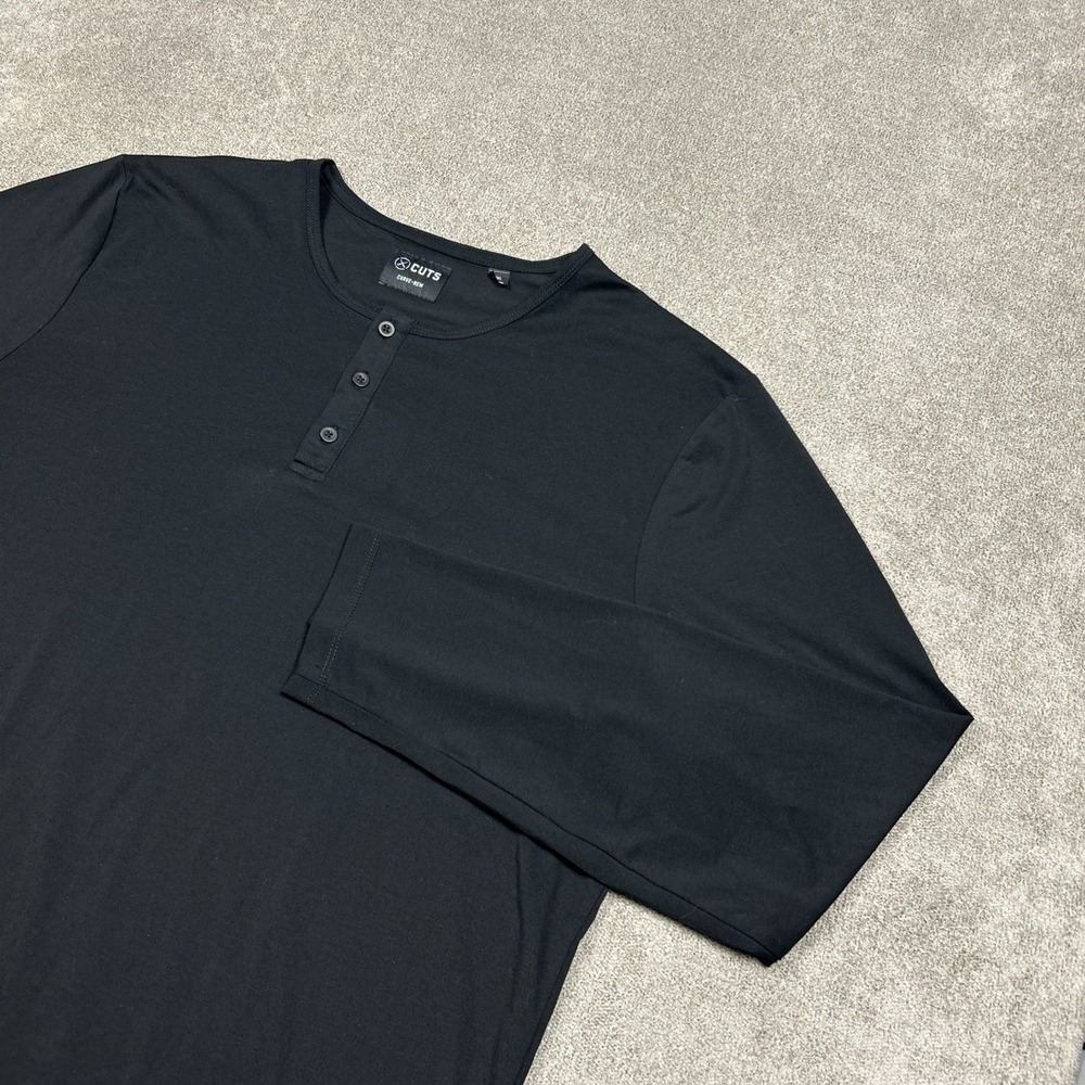 Cuts Clothing Curve Hem Henley Shirt Long Sleeve Black Casual Mens Size 2XL